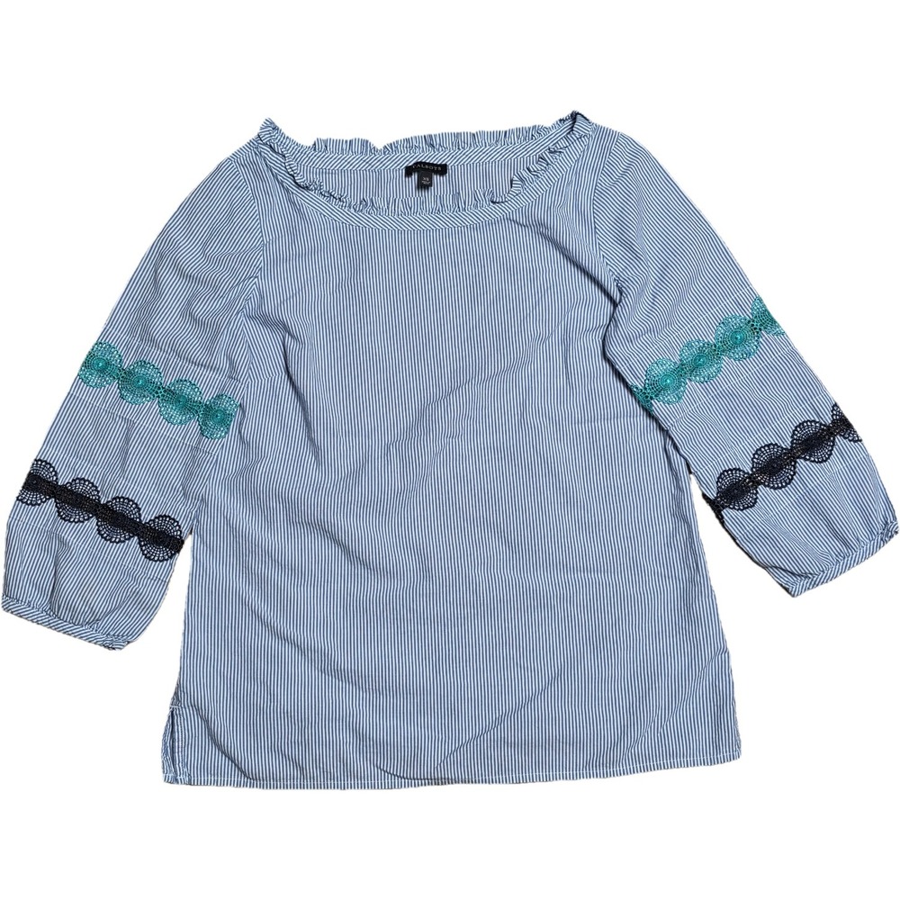 Talbots Women's Blue White Stripe Ruffle Neck 3/4 Sleeve Lace Trim Blouse Top XS
